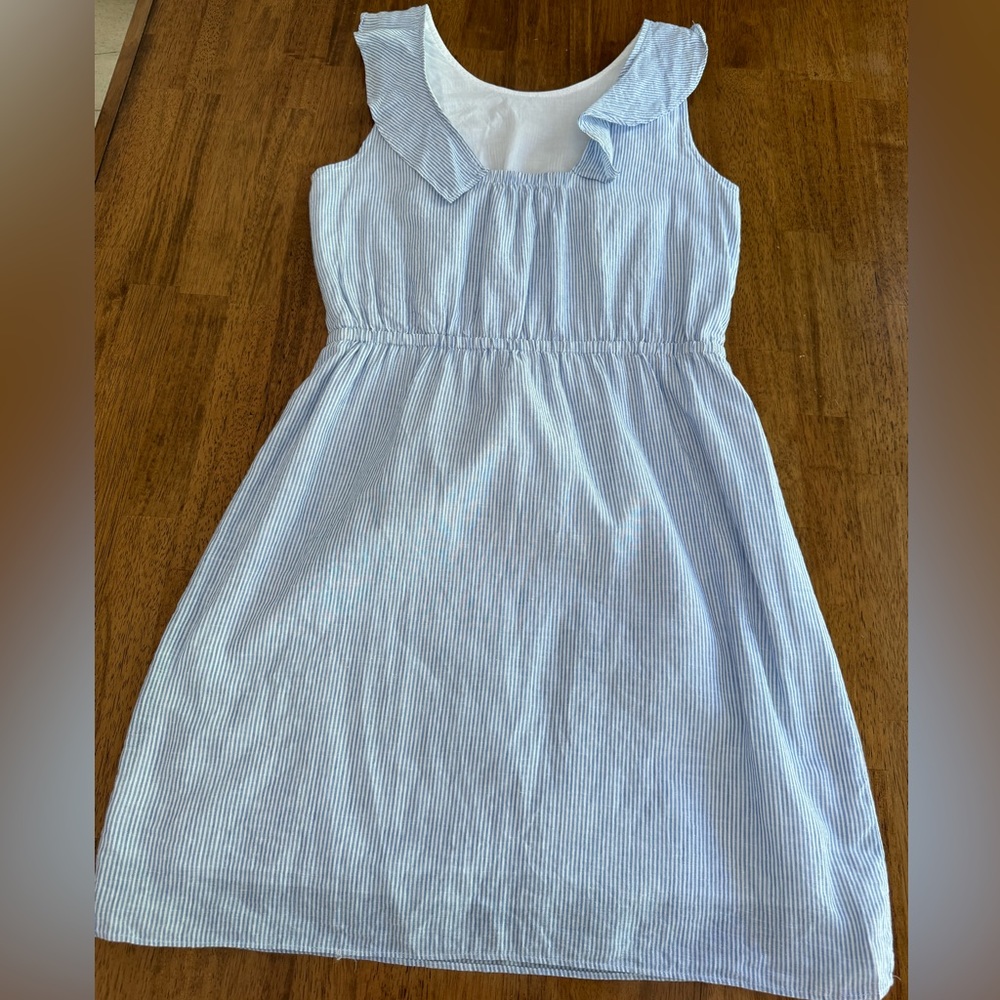 J. Crew Ruffle Sleeveless Linen Cotton Dress SZ 6 Blue White Stripes - Picture 5 of 16
